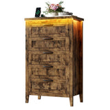 Garvee 5 Drawer Dresser for Bedroom with Charging Station and LED Lights, Farmhouse 44.9" Tall Chest of Dresser with Large Storage for Living Room, Hallway & Entryway, Rustic Brown - Rustic Brown