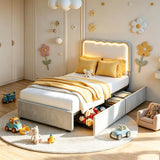 Garvee Bed Frame with LED Lights, Irregular Wave Upholstered Platform Bed with 2 Storage Drawers - Grey