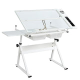 Garvee Drafting Table with Stool, Adjustable Height & Tilt, Steel Frame, Glass Top, Storage Drawers, White, for Home Office Art - White Color