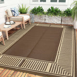 Garvee Weatherproof Outdoor Area Rug – 10x14ft Modern Striped Edge Plastic Mat – Easy Clean, Non-Slip, Sturdy Brown Coffee Carpet – Patio, Garden, Deck, Picnic - Peony Brown