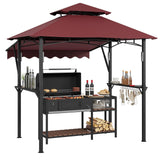 Garvee 8' x 5' Grill Gazebo Canopy with 7' x 3' Awning, Heavy-Duty Q235 Steel Frame, Waterproof UV-Resistant Polyester, Double-Tiered Roof with Vents, Shelves & LED Lights for Patio BBQ - Claret