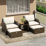 Garvee 5-Piece Outdoor Rattan Sofa Set – All-Weather Wicker Patio Furniture with Tempered Glass Coffee Table, Padded Beige Cushions, Ottomans – Ideal for Patio, Garden, Balcony – Gradient Brown Rattan + Beige Fabric - Beige