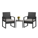 Garvee 3-Piece Patio Bistro Set, PE Rattan Outdoor Conversation Set with 2 Cushioned Chairs & Tempered Glass Coffee Table for Balcony, Garden & Backyard, Black/Grey - Black & Grey