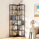 Garvee 7-Tier Industrial Corner Bookshelf – Rustic Wood & Metal Freestanding Bookcase with Adjustable Feet, Anti-Slip Kit – Large Display Storage Shelf for Home Office, Living Room, Kitchen – Color: Brown - Brown