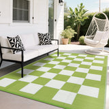 Garvee Waterproof Reversible Outdoor Rug 9x12ft – Modern Checkboard Geometric Plastic Straw Mat – UV Resistant, Collapsible, Easy Clean Carpet for Patio, Deck, Camping – Light Grass Green/White, 9x12ft - Light Grass Green