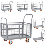 Garvee Heavy Duty 6-in-1 Folding Platform Truck with Cage – 1800lb Capacity, Dual Handles, 360° Wheels, Side Rails, Flatbed Push Cart Dolly for Warehouse, Material Handling, Utility Cart – Silver