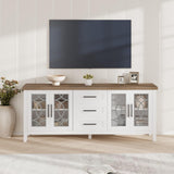Garvee Farmhouse TV Stand with Glass Door for 70 Inch Tv, Mid Century Modern Entertainment Center for Living Room, Rustic Television Stands 2 Storage Door & 3 Drawer for Bedroom (Classic White) - Brown+White