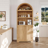 Garvee 72" Tall Arched Bookcase with Doors, 5-Tier Kitchen Storage Cabinet with Adjustable Shelves, Wooden Pantry for Dining Room, Kitchen and Living Room, Burlywood - Wood Color + Gold Handle