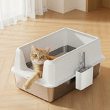 Garvee Non-Stick Stainless Steel Litter Box, Side Opening Splash-Proof & Leak-Proof Large Metal Cat Litter Box with Lid & Scoop, Easy-Clean & Durable, 8" Deep White - White