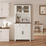 Garvee Farmhouse 72" Kitchen Pantry Coffee Bar Table with Storage Drawers & Glass Doors for Kitchen and Dining Room, White - White