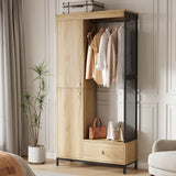 Garvee Modern Armoire Wardrobe Closet, Wood and Metal Frame Clothes Storage Organizer with Double Closed Doors, Open Hanging Rod, Bottom Drawer, Freestanding Bedroom Furniture for Small Spaces, Natural Oak - Natural Oak