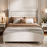 Garvee Modern Minimalist Queen Upholstered Platform Bed Frame – 51.6" Tall Wingback Headboard – Sturdy Wood Slats – Raised Footboard – Soft Linen – Noise-Free – No Box Spring Needed – Bedroom Furniture – Light Beige