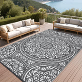 Garvee Outdoor Plastic Straw Rug 8x10 Waterproof Reversible Floral Patio Rug, UV Resistant & Durable Outside Carpet, Portable RV Picnic Camping Mat, Porch Carpet for Deck Garden Yard, Grey - Gray