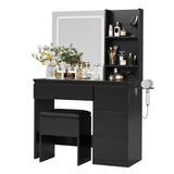 Garvee LED Lighted Vanity Desk Set for Bedroom – 3-Color Mirror, 4 Drawers, Charging Station, Storage Stool, Shelves & Hair Dryer Holder – Compact Dressing Table for Women & Teens, Black - Black