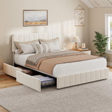 Garvee Velvet Upholstered Platform Bed Frame with 4 Storage Drawers - Adjustable Vertical Channel Tufted Headboard - Sturdy Wood Slats Support - No Box Spring Needed - Easy Assembly - Bedroom Furniture - cream shade, Queen Size - Beige