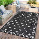 Garvee Outdoor Geometric Striped Plastic Mat - Reversible Black & White Waterproof Area Rug - UV & mark Resistant, Low Pile, Easy Clean, Portable - 9x18ft - Black & White