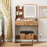 Garvee Makeup Vanity Desk with Mirror and Lights, Vanity Table with Charging Station, 2 Drawers, Open Shelves, Cushioned Stool with Storage, Wooden Dressing Table for Bedroom, Rustic Brown - Vintage Brown