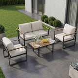 Garvee 3-Piece Outdoor Patio Furniture Set, Rattan Conversation Set with 2 Armchairs, Beige Cushions & Tempered Glass Table, Weather-Resistant Iron Frame Patio Bistro Set for Garden, Balcony & Backyard - Beige