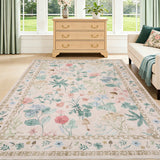 Garvee 8x10 Washable Floral Area Rug, Non-Slip Low Pile Rug, Stain Resistance Carpet for Living Room, Bedroom, Dining Room, Beige - Beige