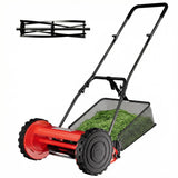 Garvee 16" Manual Reel Lawn Mower, Walk-Behind Push Mower with 5-Blade System, Adjustable Cutting Height, Steel Frame, Grass Catcher for Small Lawns - Red