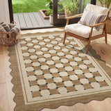 Garvee Scalloped Jute Area Rug - Modern Checkered Design - Washable Non-Slip Low Pile Carpet for Living Room, Entryway, Kitchen, Bedroom, Office - Indoor Outdoor - Flaxen Color, 4x6ft - Jute