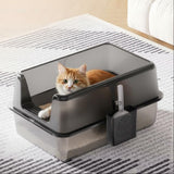 Garvee Non-Stick Stainless Steel Litter Box, Side Opening Splash-Proof & Leak-Proof Large Metal Cat Litter Box with Lid & Scoop, Easy-Clean & Durable, 8" Deep Black - Black