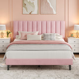 Garvee Suede Upholstered Platform Bed Frame with Adjustable Vertical Channel Tufted Headboard, Sturdy Wooden Slats, No Box Spring Needed, Easy Assembly - Queen Size, Pink - Pink