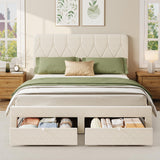 Garvee Velvet Upholstered Platform Bed Frame with Headboard & 2 Storage Drawers – Queen Size – Sturdy Wooden Slats – No Box Spring Needed – Easy Assembly – Color: White, Size: Q - Beige