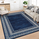 Garvee Navy Blue Washable Bordered Area Rug 6' × 9', Non Slip Low Pile Stain Resistant Rug for Living Room, Bedroom, Dining Room, Office - Navy Blue