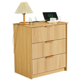 Garvee Fluted 3-Drawer Bedside Cabinet with Charging Station – USB & Type-C Ports, Power Outlets – Large MDF Bedside Table – Modern Wood End Table with Gold Handles, Waterproof Top – Bedroom Storage