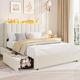 Garvee Full Size Kids Bed Frame with RGB LED Light, Storage Headboard & 2 Drawers, Boucle Upholstered, Metal Frame, Quiet Support, White, Bedroom - White