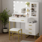 Garvee Makeup Vanity with Stool Charging Station, Vanity Desk with Mirror and Lights, Vanity Table Set with Storage Drawers Shelves, Makeup Dressing Table - White