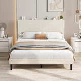 Garvee Corduroy Upholstered Platform Bed Frame with Adjustable Storage Headboard & Built-in Charging Station – Sturdy-colored Wood Slats – Noise-Free – Easy Assembly – No Box Spring Needed – Queen Size, Offwhite - Beige