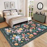 Garvee 5' × 7'  Floral Nursery  Area Rugs Washable Print Boho Cute Carpet Non Slip Flower Low Pile for Living Room Kids Girls Playroom Bedroom Kitchen Office Farmhouse-Black - Black