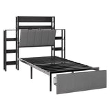 Garvee Twin Upholstered Bed Frame with Hidden Headboard Storage with Top Shelf, LED Lights, Charging Station, Side Shelves, Pull-Out Footboard Storage, No Box Spring Needed, Black - Black-Gray