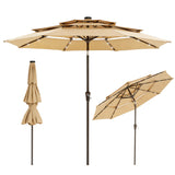 Garvee 9FT 3-Tier Solar LED Patio Umbrella, UV-Resistant Outdoor Market Umbrella with Crank & Tilt, 24 LED Lights & 8 Ribs, Khaki - Khaki