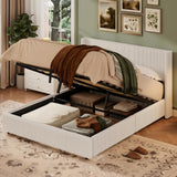 Garvee Full Storage Bed Frame Corduroy Upholstered Gas Lift Padded Headboard Wooden Slats Easy Assembly White Bedroom - White