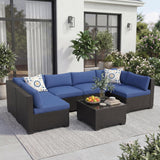 Garvee 7 Piece Outdoor Patio Furniture Set Rattan Sectional Sofa Thick Cushions Tempered Glass Table Black & Blue Backyard - Black Rattan & Blue Cushion