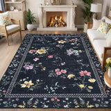 Garvee Floral 5x7 Washable Rugs for Living Room, Modern Bordered Non Slip Bedroom Rugs, Indoor Stain Resistant Large Low Pile Ultra Thin Area Rug for Dining Room Office, Black - Black