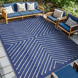 Garvee Waterproof Reversible Outdoor Rug – Navy & White Striped Plastic Straw Patio Mat – Easy Clean, Collapsible – Perfect for RV, Deck, Balcony, Backyard, Camping, Beach, Picnic – Navy Blue/White, 6x9ft - Navy Blue