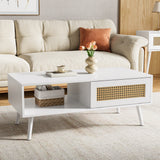 Garvee Wood Coffee Table with Storage, Boho Center Sofa Table with Sliding Door and Open Shelf for Living Room, Bedroom, Easy Assembly - White