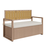 Garvee Iron Frame Wicker Storage Ottoman with Plastic Wood Top, Waterproof Cushion for Patio, Yellow Rattan, White Cushion - Yellow / Beige
