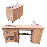 Garvee Large Folding Sewing Table, Sewing Machine Table with Compact Design, Multipurpose Craft Station & Side Desk with Lockable Wheels, Storage Shelves, Storage Trays, Magnetic Locks - Natural Wood