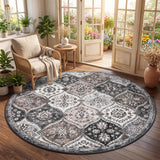 Garvee North African Trellis Washable Round Area Rug – Mark Resistant, Non-Slip, Low Pile Vintage Distressed Carpet for Living Room, Bedroom, Nursery – 5ft, Gray Coffee - Gray-Taupe