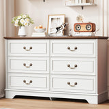 Garvee Spacious 6 Drawer Dresser for Bedroom Storage - 47" Wide Double Chest - Vintage Organizer for Living Room, Hallway, Entryway - Color: Wood Grain White + Black Walnut Panel - White Oak