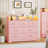 Garvee 7 Drawer Dresser for Bedroom - 47.2” Wide Double Chest of Drawers with LED Light and Charging Station, Large TV Stand Cabinet Organizer with Open Shelf for Living Room, Entryway, Hallway, Pink - Pink