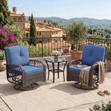 Garvee Gray and Blue 3-Piece Patio Furniture Set with 2 Swivel Rocking Chairs & Rattan Side Table, Outdoor Wicker 360° Swivel Glider Chairs with Blue Cushions and Tempered Glass Tabletop for Deck, Porch, Garden & Poolside - Gray & Blue
