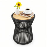 Garvee Weather-Resistant Woven Rope Outdoor Side Table - 16in Round Patio End Table with Durable Wood Top - Pre-Assembled, Perfect for Balcony, Backyard, Poolside - Black + Natural Wood, Diameter 16in Height 20in - Black