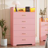 Garvee 5 Drawer Dresser for Bedroom - 51” Tall Vertical Chest of Drawers with LED Light and Charging Station, Modern Organizer Cabinet with Open Shelf for Living Room, Entryway, Hallway, Pink - Pink
