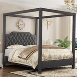 Garvee Queen Canopy Bed Frame with Upholstered Headboard, Four Poster Design, Button Tufted, and Slide Rail, No Box Spring Required, Wooden Slatted Structure, Gray - Gray